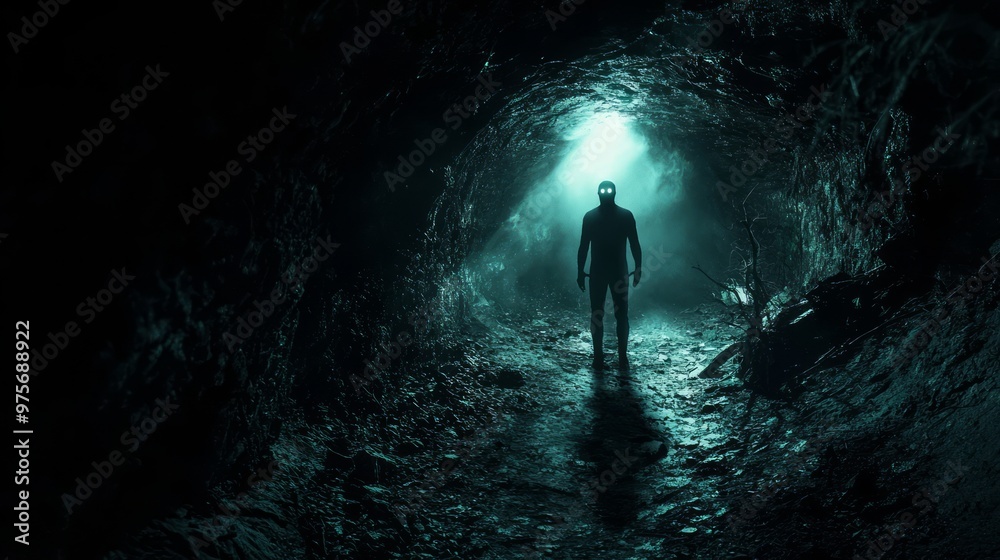 Mysterious Shadow Figure at Entrance of Dark Cave with Glowing Eyes Peering Out Mysterious Shadow Figure at Entrance of Dark Cave with Glowing Eyes Peering Out