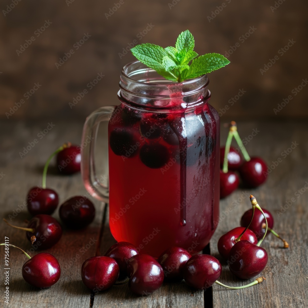 A glass jar filled with a vibrant red cherry beverage, freshly picked cherries scattered around, garnished with mint leaves on a rustic light background, summer refreshment, juice dripping down the si A glass jar filled with a vibrant red cherry beverage, freshly picked cherries scattered around, garnished with mint leaves on a rustic light background, summer refreshment, juice dripping down the si