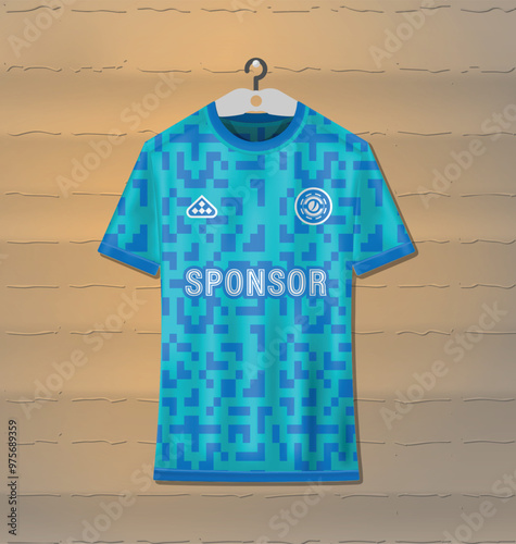 Sports uniform jersey design with abstract pattern of small particles in blue color