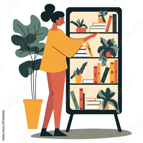 A young girl is standing in front of a bookshelf. Home library, self-development. Interior of modern house with plants, bookshelf. Vector flat concept of hobby, study, exam preparation.