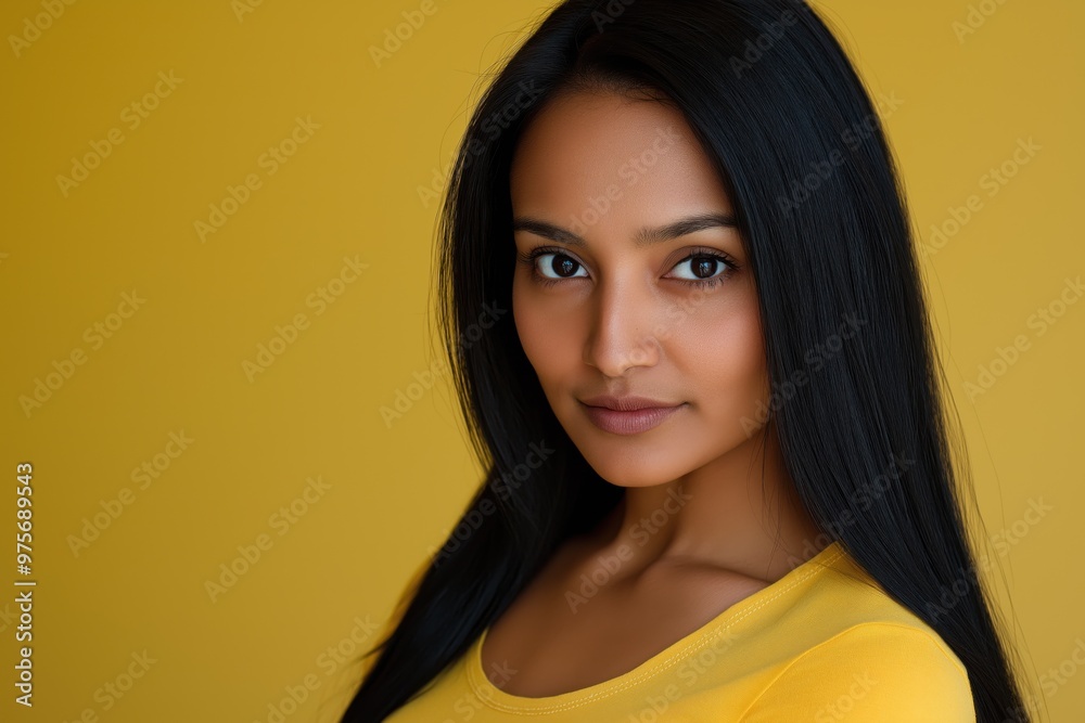 A studio close-up portrait of a young Pakistani woman wearing a casual t-shirt, with a colourful background. A studio close-up portrait of a young Pakistani woman wearing a casual t-shirt, with a colourful background.