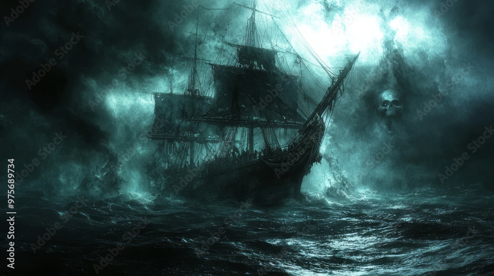 Ghostly Haunted Ship Sailing Through Dark Waters in Stormy Weather with Eerie Figures on Deck Ghostly Haunted Ship Sailing Through Dark Waters in Stormy Weather with Eerie Figures on Deck