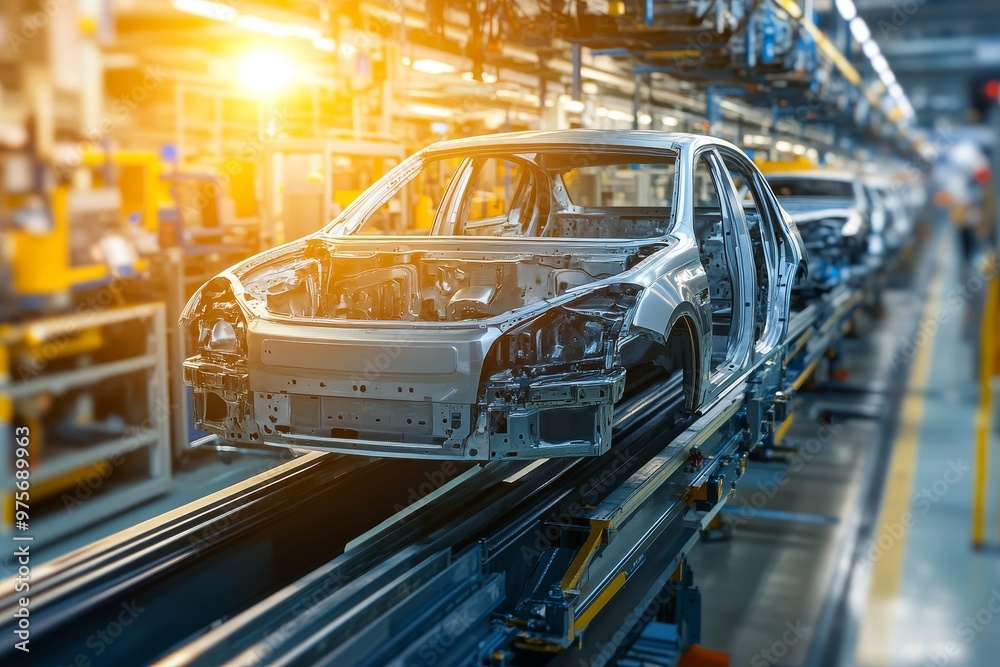 Automated car body assembly process on conveyor belt at modern manufacturing plant Automated car body assembly process on conveyor belt at modern manufacturing plant