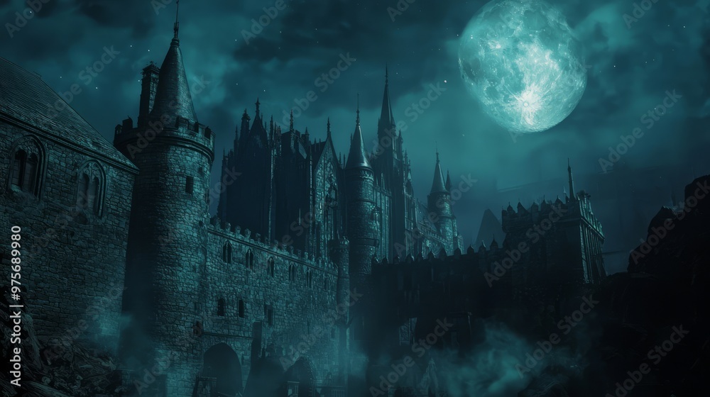 Fototapeta premium Enchanted Medieval Castle Illuminated by Moonlight with Lingering Shadows in Towers' Corners