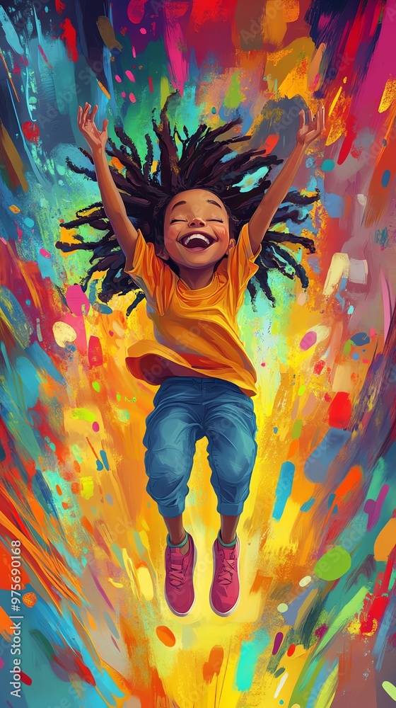 A joyful young girl with afro hair jumping into a splash of vibrant colors. A joyful young girl with afro hair jumping into a splash of vibrant colors.