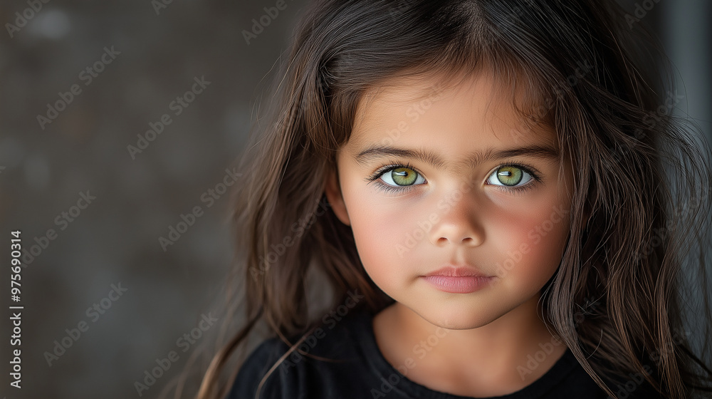 A little girl with vivid green eyes and dark wavy hair, her gaze focused and thoughtful as she stands against a simple background, her natural beauty and innocence captured in grea A little girl with vivid green eyes and dark wavy hair, her gaze focused and thoughtful as she stands against a simple background, her natural beauty and innocence captured in grea