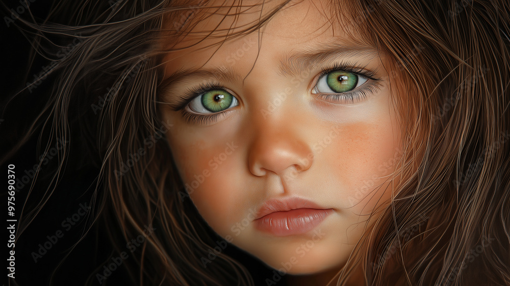 A detailed portrait of a little girl with green eyes and dark hair, her face framed by soft strands of hair as she looks off to the side with a thoughtful expression, the lighting A detailed portrait of a little girl with green eyes and dark hair, her face framed by soft strands of hair as she looks off to the side with a thoughtful expression, the lighting