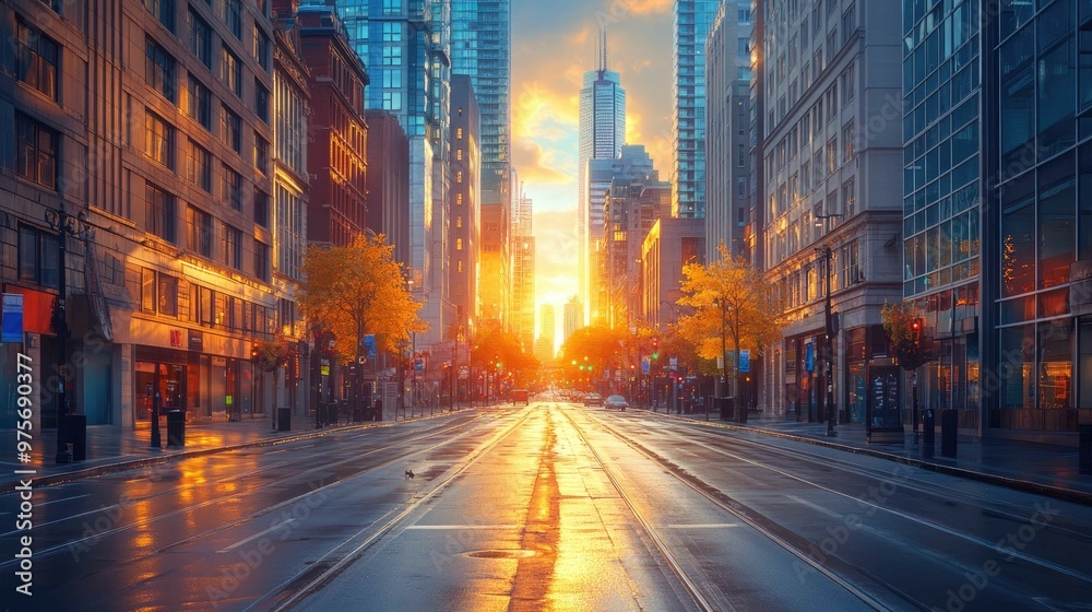 Naklejka premium Serene Morning in a Bustling Corporate District - Sunlight Embracing Empty City Streets with Towering Buildings in Background