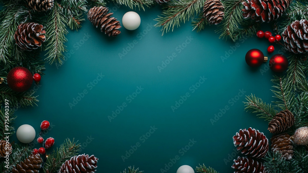 Christmas Decorations with Pinecones and Ornaments on a Teal Background. A festive arrangement of pinecones, red and white ornaments, and evergreen branches against a vibrant teal backdrop.