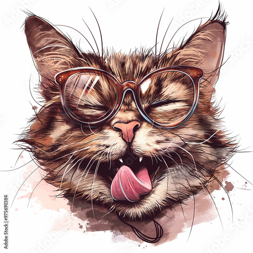 character hand-drawn style funny smiling brown cat with glasses