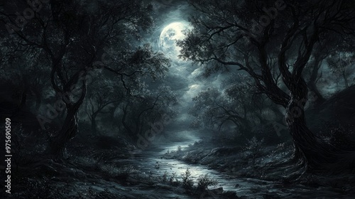 Enigmatic Night: Eerie Landscape with Twisted Trees and River Reflecting Starry Sky