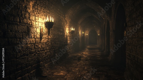 Secrets of the Past: Eerie Medieval Dungeon with Flickering Torches and Hidden Mysteries