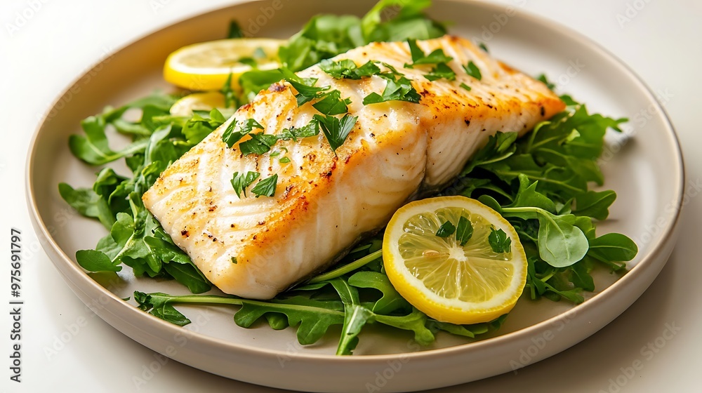 Steamed fish fillet with fresh greens and lemon slices on a minimalist plate Elegant presentation of healthy, low-calorie meal Steamed fish fillet with fresh greens and lemon slices on a minimalist plate Elegant presentation of healthy, low-calorie meal