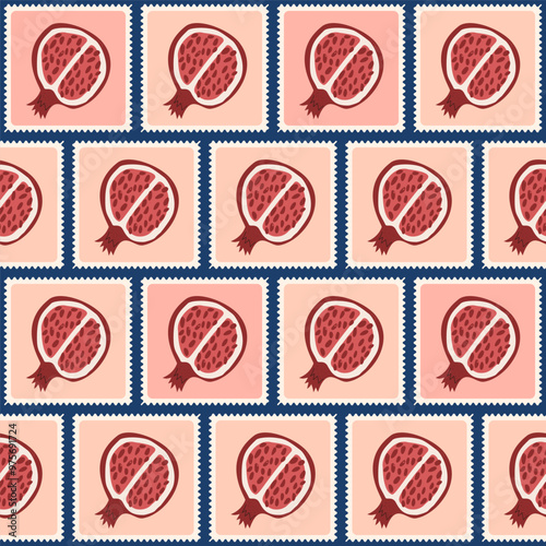 Pomegranates quilted seamless pattern. Patchwork half juice pomegranate repeat background. Ripe fruit retro post stamps endless design. Vector hand drawn flat illustration.