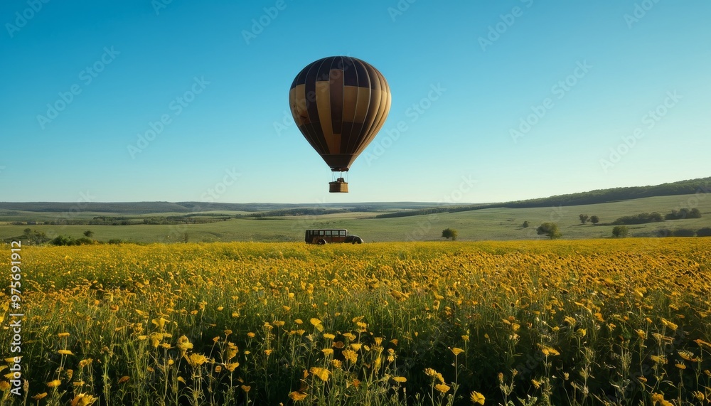 Obraz premium A peaceful scene of a hot air balloon floating above a vast field of yellow flowers, capturing the tranquility and beauty of nature. The balloon. AI Generation
