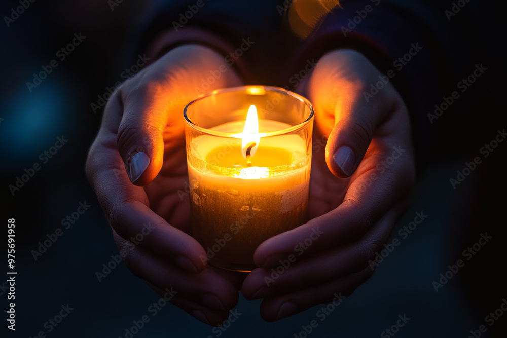 Close-up of hands gently cradling a glowing candle in the dark, symbolizing warmth, peace, and reflection during a quiet moment.
