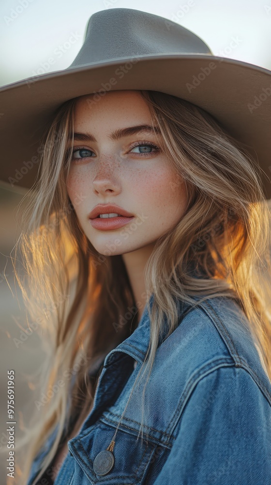 A young woman wearing a wide-brimmed hat and denim jacket poses outdoors during golden hour A young woman wearing a wide-brimmed hat and denim jacket poses outdoors during golden hour