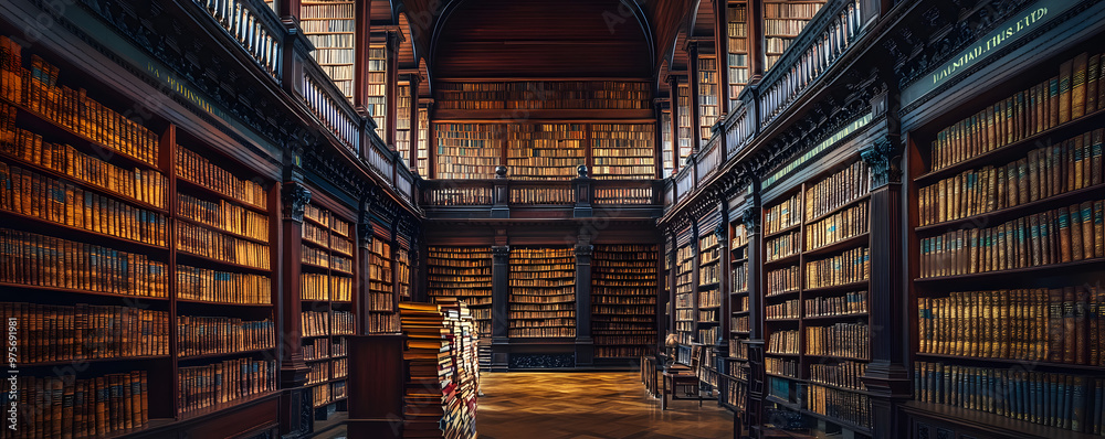 Old library holding many historical old books and manuscripts. Wide format. Hand edited generative AI. Old library holding many historical old books and manuscripts. Wide format. Hand edited generative AI.