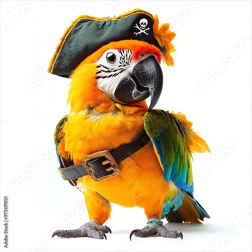 A pirate parrot with a pumpkin head, Halloween theme, cute and spooky, isolated on white background photo