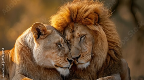 A majestic lion and a lioness are gently hugging each other lovingly