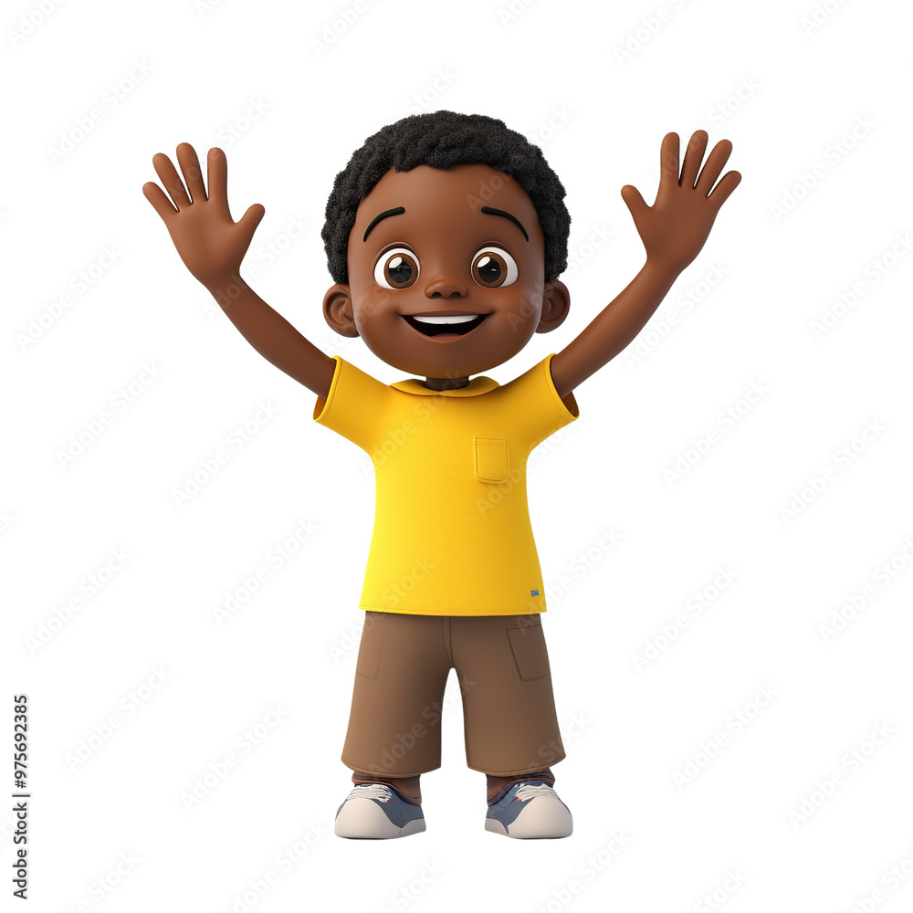 A cheerful cartoon boy with raised hands, wearing a yellow shirt and enjoying a joyful moment. A cheerful cartoon boy with raised hands, wearing a yellow shirt and enjoying a joyful moment.