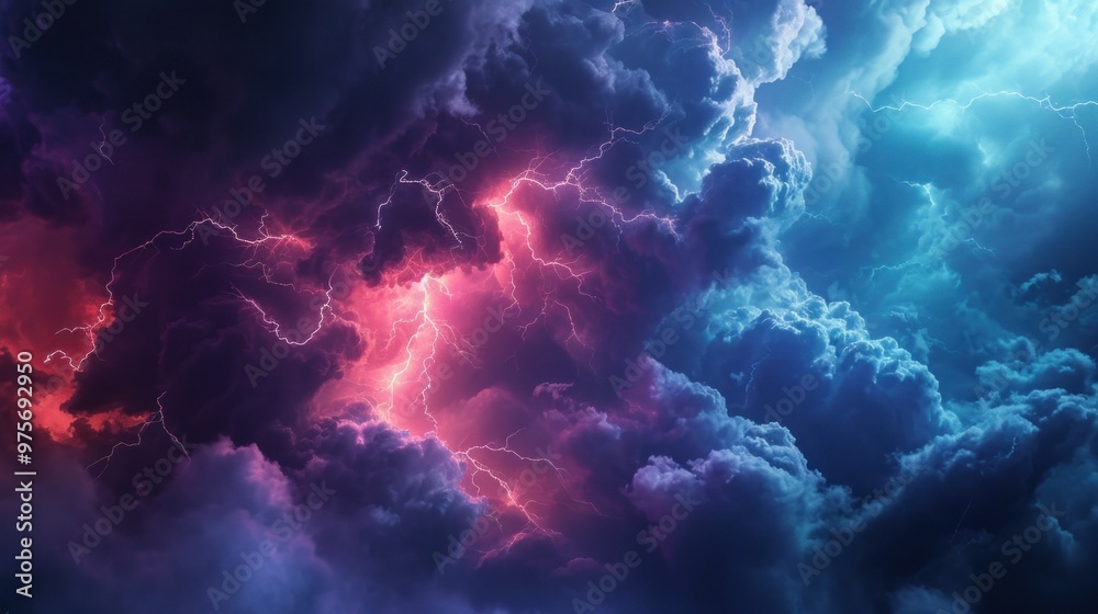 Vibrant red and blue lightning strikes illuminate the cloudy sky above Vibrant red and blue lightning strikes illuminate the cloudy sky above