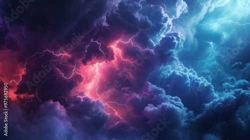 Vibrant red and blue lightning strikes illuminate the cloudy sky above