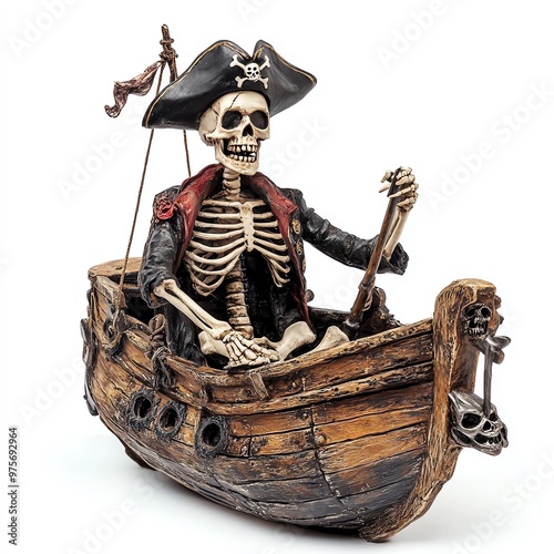 A spooky pirate skeleton steering a haunted ship, Halloween theme, eerie and adventurous, isolated on white background
