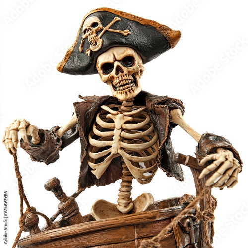 A spooky pirate skeleton steering a haunted ship, Halloween theme, eerie and adventurous, isolated on white background