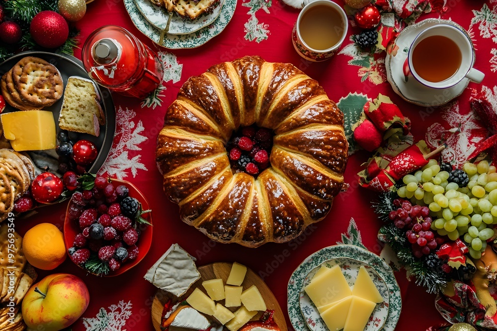 Fototapeta premium A festive table setting with a wreath-shaped pastry, cheese, and fruit.