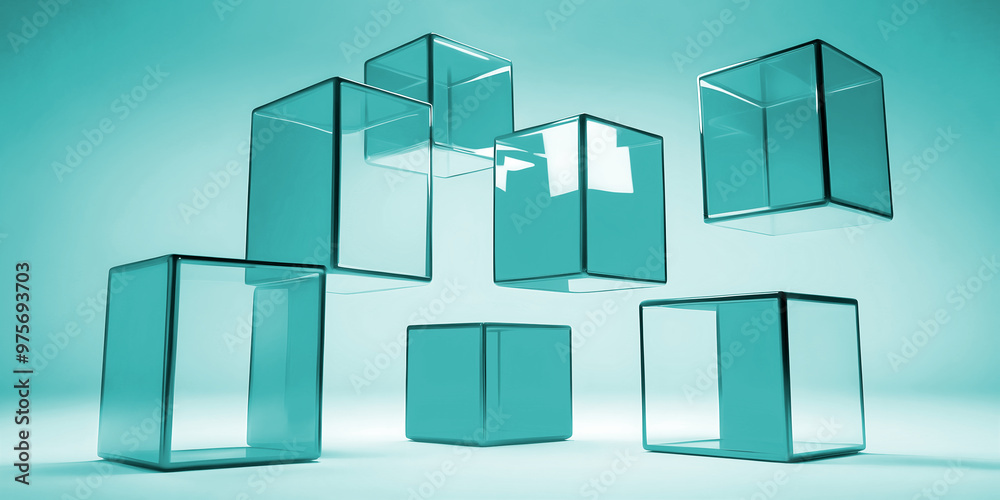elegant aesthetic design, template with copy space area, abstract glass cubes isolated on clean background, blank advertising display