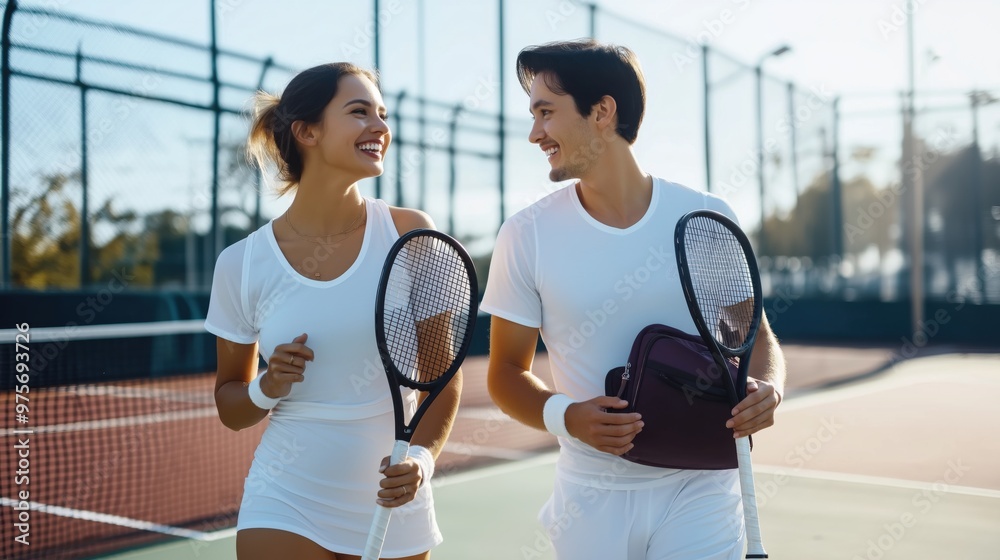 Man and woman holding tennis racket in a tennis court Man and woman holding tennis racket in a tennis court