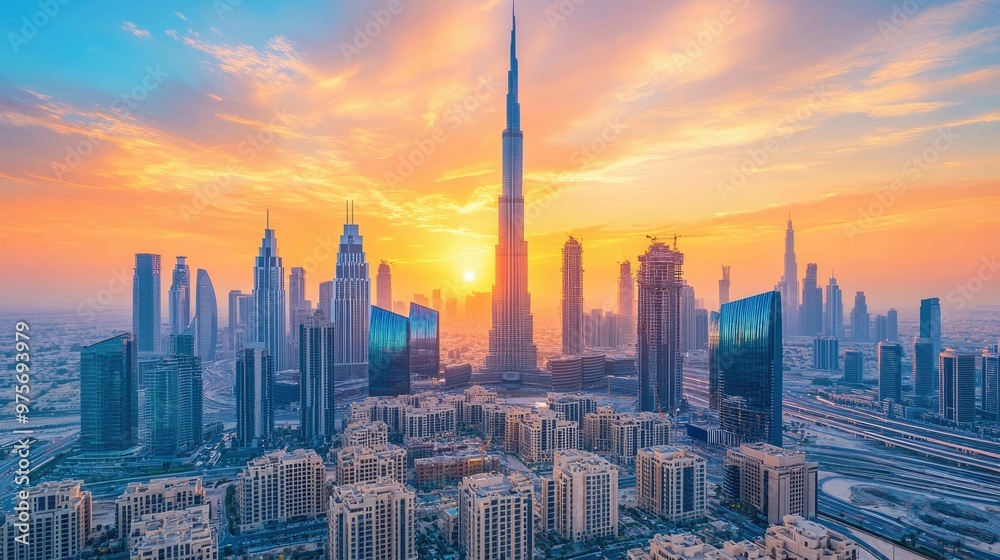 Fototapeta premium Glowing Morning Skyline: Financial District Skyscrapers at Sunrise