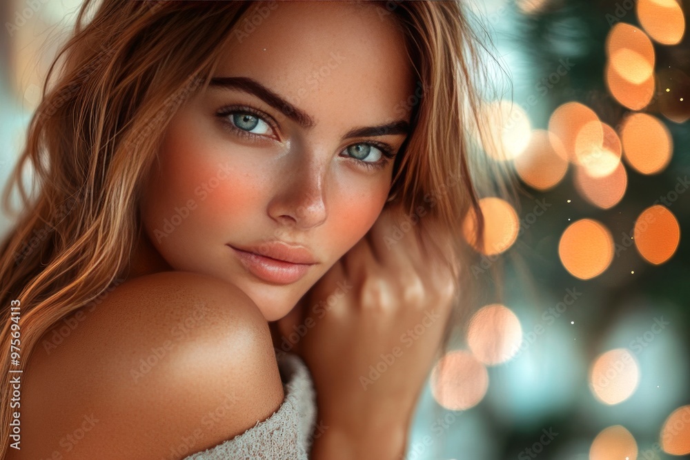 A close up portrait of a woman with glowing bokeh lights in the background symbolizing warmth beauty and introspection in a serene and soft setting A close up portrait of a woman with glowing bokeh lights in the background symbolizing warmth beauty and introspection in a serene and soft setting
