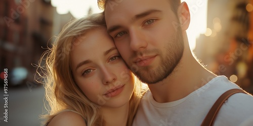 A close-up portrait of a young white couple wearing casual t-shirts, with a blurred background.