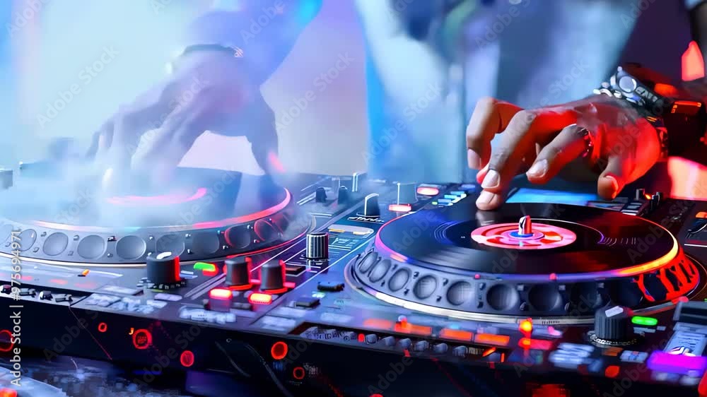 DJ mixing on turntables at neon-lit nightclub, Electronic dance music performance with vinyl records closeup on hands