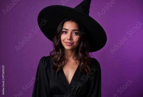 Halloween purple background with hispanic female in witch costume