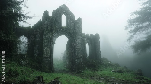 Mystical Dilapidation: Enigmatic Secrets of an Ancient Castle Gate Emerging Through the Mist photo