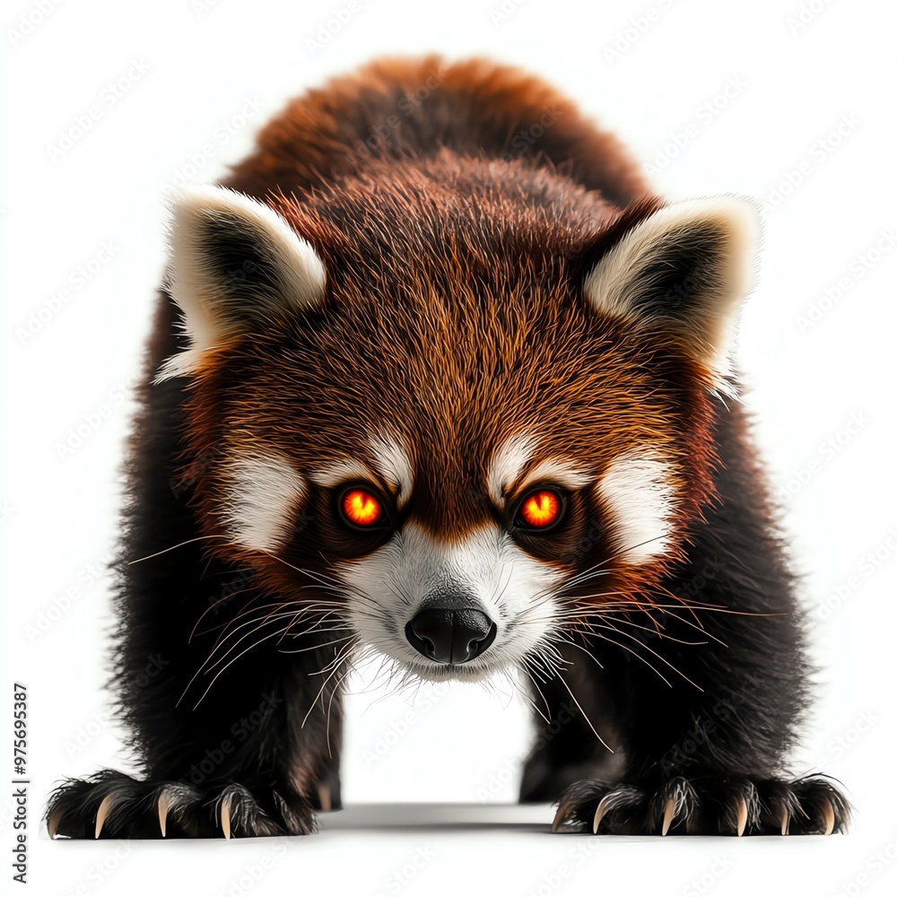 Obraz premium A spooky red panda with glowing orange eyes, Halloween theme, dark and eerie, isolated on white background