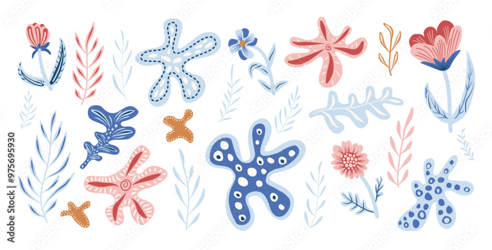 Organic shapes and flowers set. Calm folk elements. Vector hand drawn flat collection illustration isolated on white background. Organic shapes and flowers set. Calm folk elements. Vector hand drawn flat collection illustration isolated on white background.