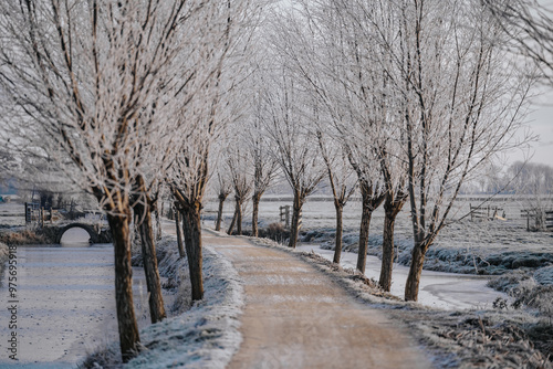 A frozen country road specific to rural Holland during a frosty winter. Walking path along the famous Dutch canals