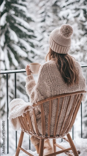 Cozy winter morning on the balcony with a warm beverage and snowy forest views