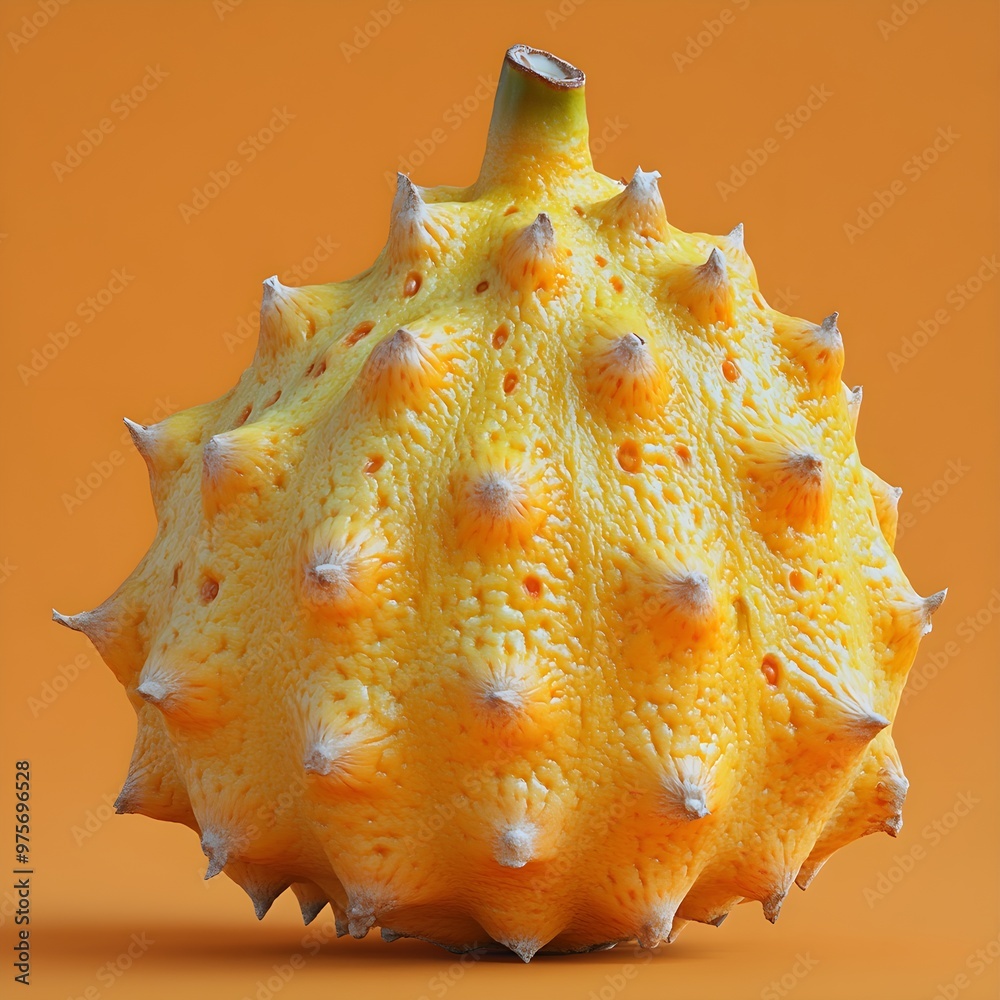 A detailed high-resolution Kiwano fruit image with sharp spikes and bright green pulp A detailed high-resolution Kiwano fruit image with sharp spikes and bright green pulp