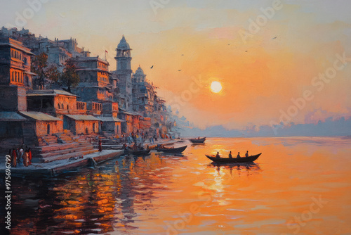 3d illustration of Ancient Varanasi city architecture at sunrise with view of sadhu baba enjoying a boat ride on river Ganges. India photo