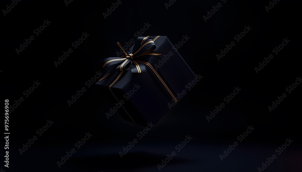 Elegant Black Gift Box with Golden Ribbon on Dark Elegant Black Gift Box with Golden Ribbon on Dark