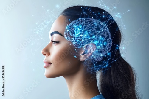 A serene portrait of a woman with glowing blue neural energy surrounding her head symbolizing intelligence mindfulness and a peaceful connection to the universe