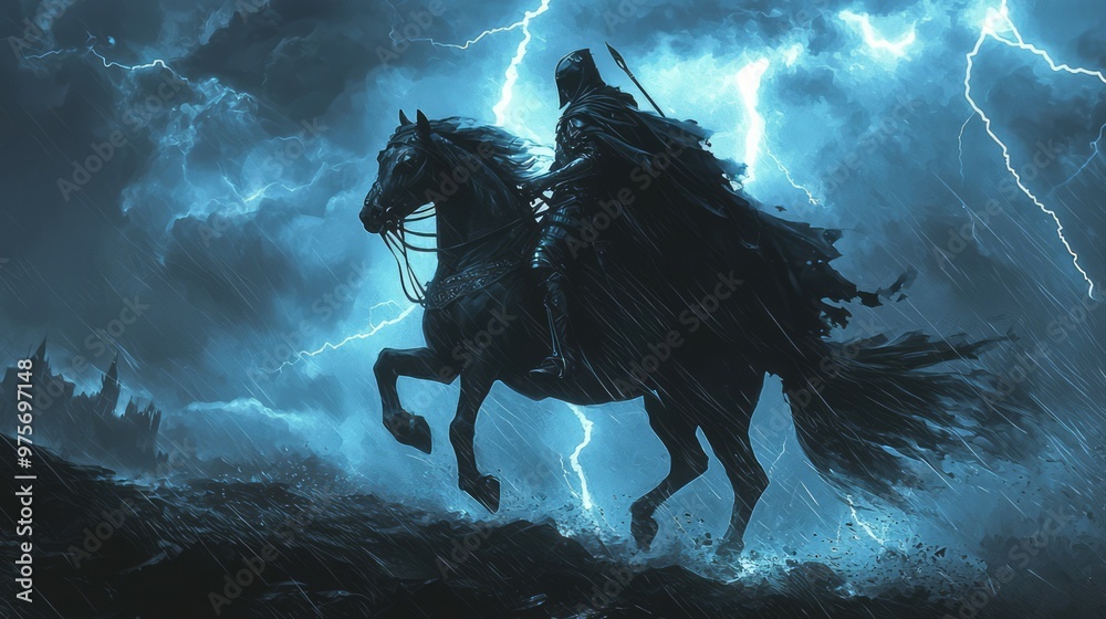 A Dark Knight On A Black Steed, Charging Through A Stormy Landscape With Lightning Illuminating The Scene A Dark Knight On A Black Steed, Charging Through A Stormy Landscape With Lightning Illuminating The Scene