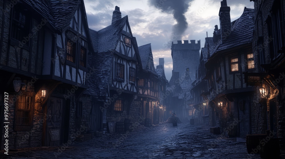 Obraz premium Enchanting Medieval Village at Dusk with Curling Smoke and Cobblestone Shadows