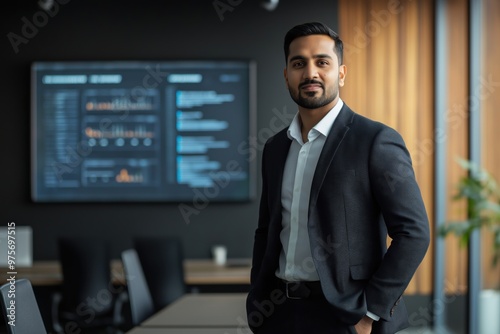 Confident indian businessman in modern office setting focusing on success