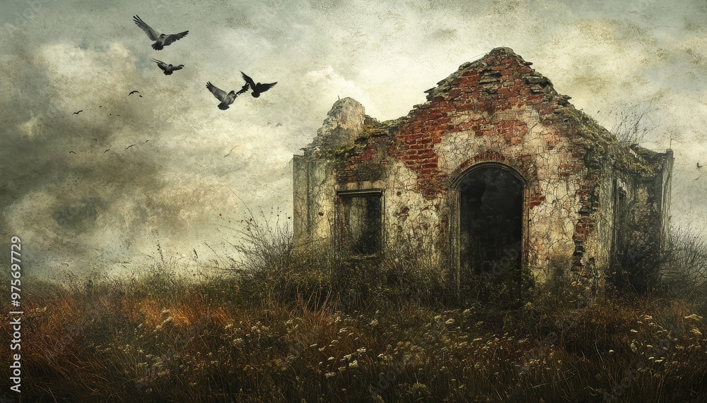 Hauntingly beautiful ruins a decaying house surrounded by birds, symbolizing nature s resilience Hauntingly beautiful ruins a decaying house surrounded by birds, symbolizing nature s resilience